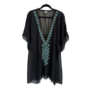La La LeeLa Kaftan Cover Up Swimwear Dress OS Black Blue Teardrop Embroidered